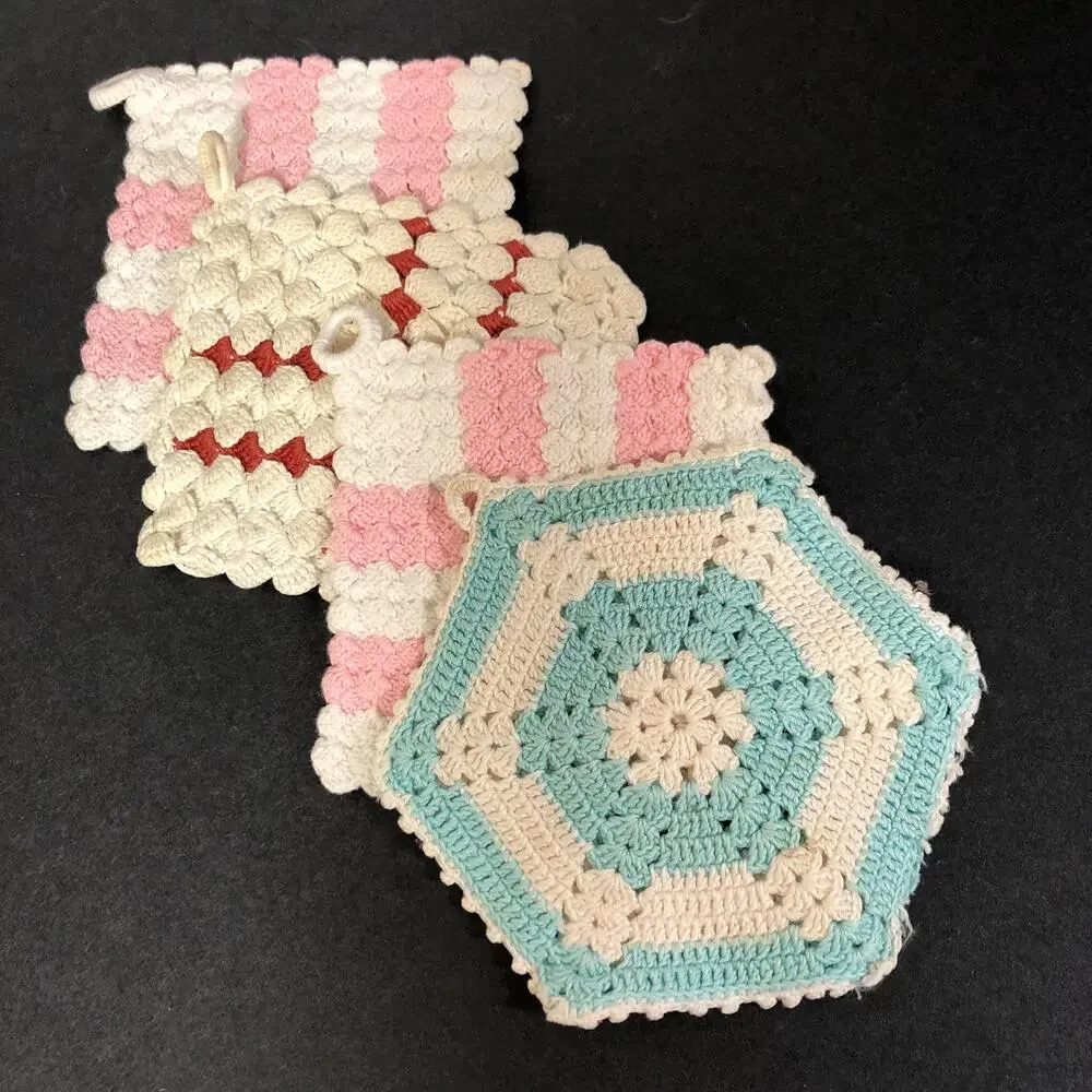 Vintage Potholders, Crocheted Pink, Aqua Blue, Red and White, Set of Four Retro